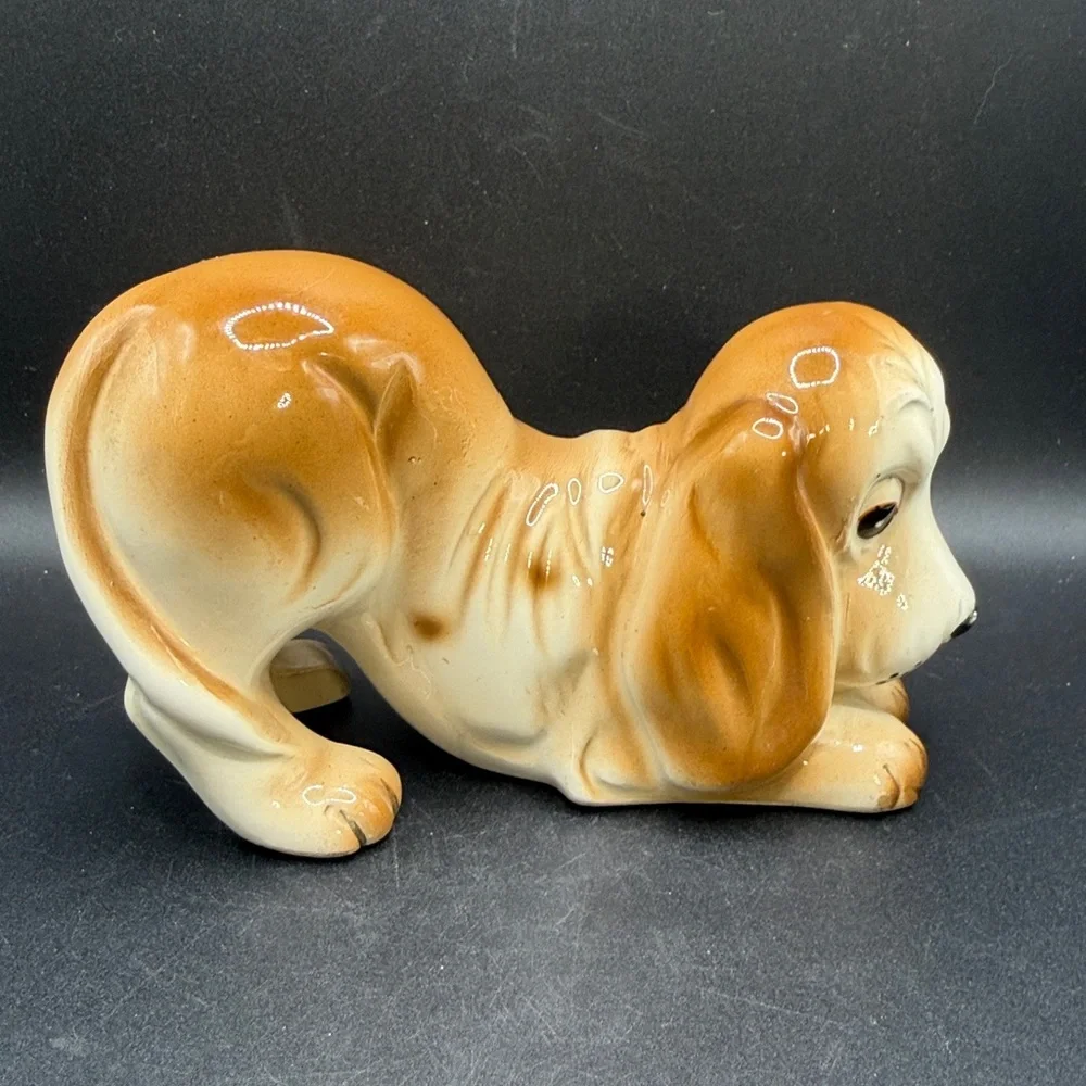 Vintage Hand Painted Ceramic Basset Hound Dog Puppy Figurine Collectible Figure